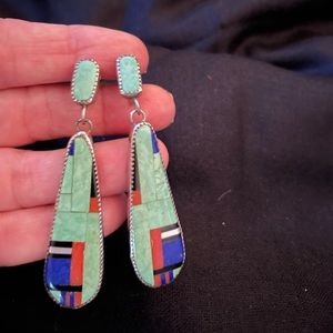 Sterling silver Santa Fe turquoise, coral and lapis patchwork handmade earrings.